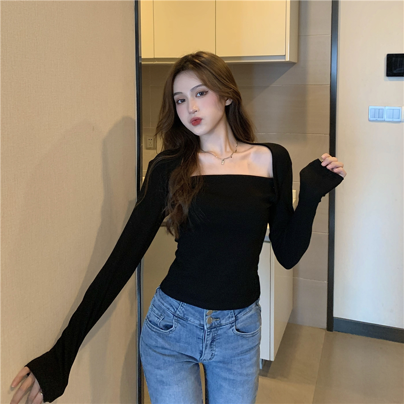 Slim long sleeve autumn tops pure clavicle T-shirt for women