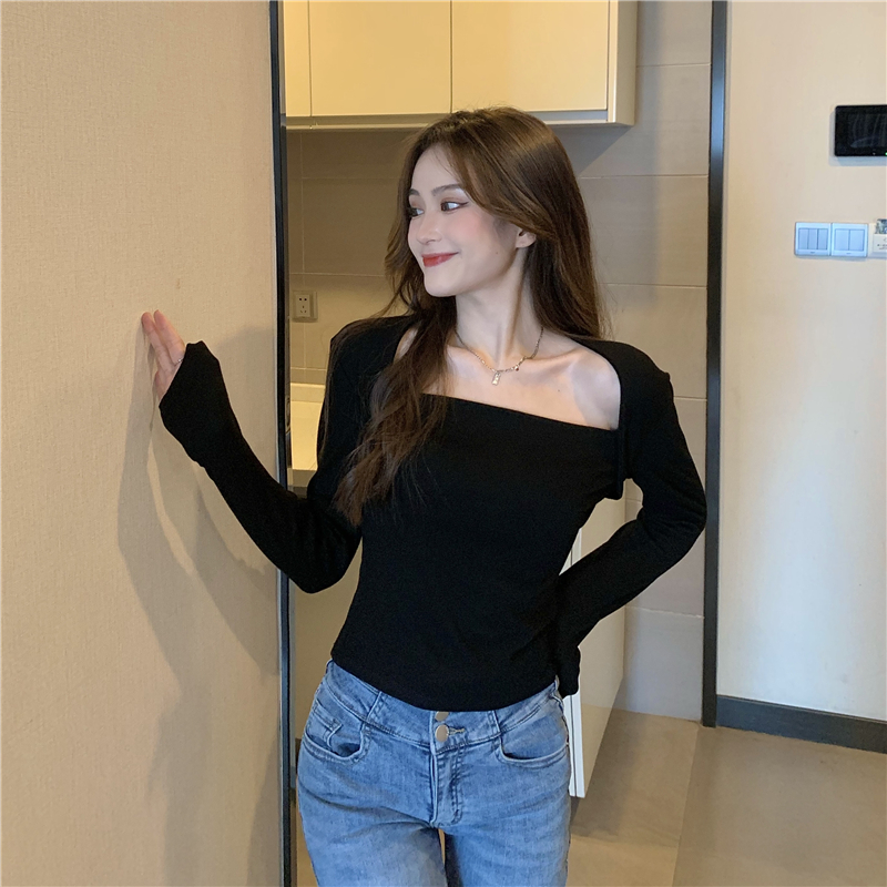 Slim long sleeve autumn tops pure clavicle T-shirt for women