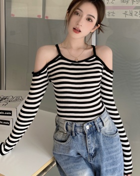 All-match spicegirl knitted bottoming stripe tops