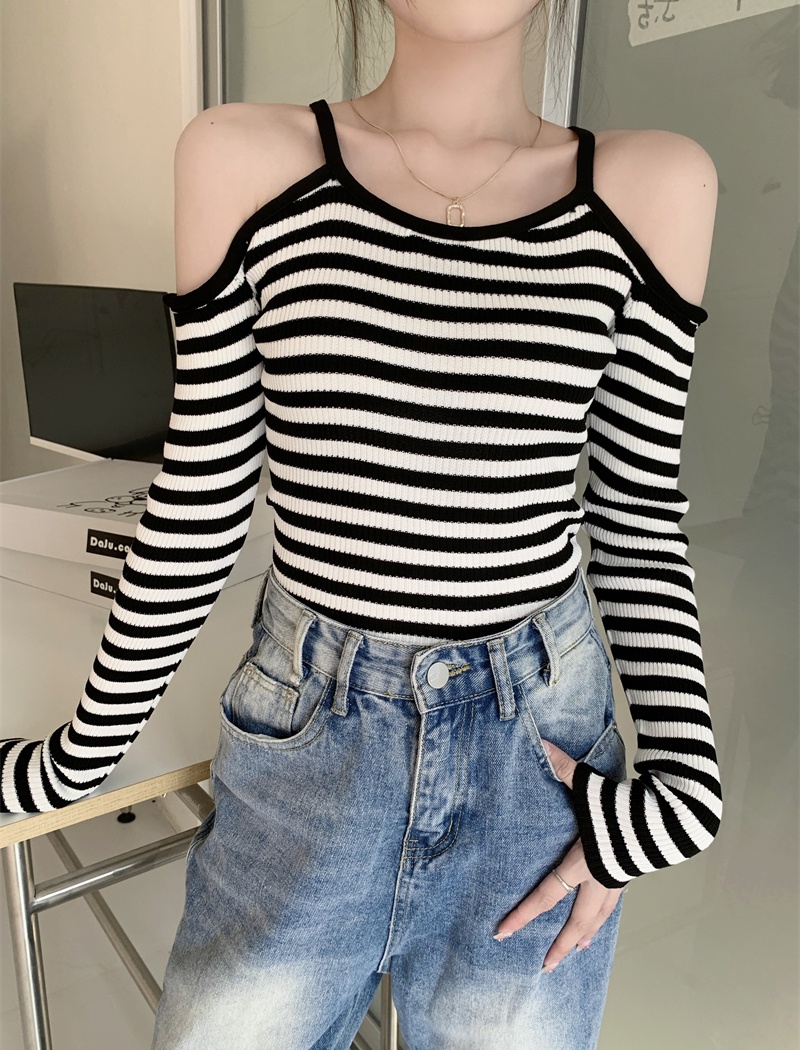 All-match spicegirl knitted bottoming stripe tops