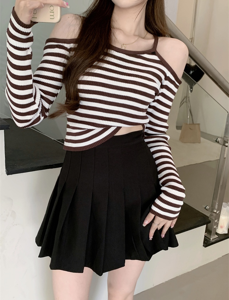 All-match spicegirl knitted bottoming stripe tops