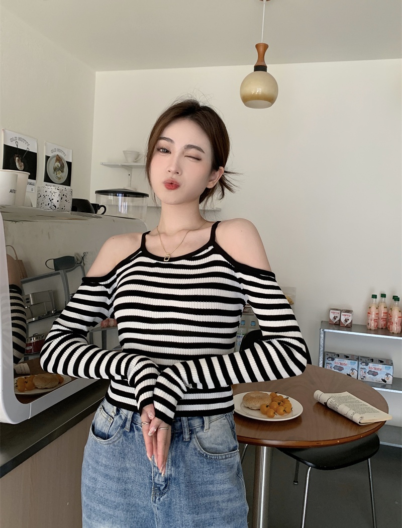 All-match spicegirl knitted bottoming stripe tops