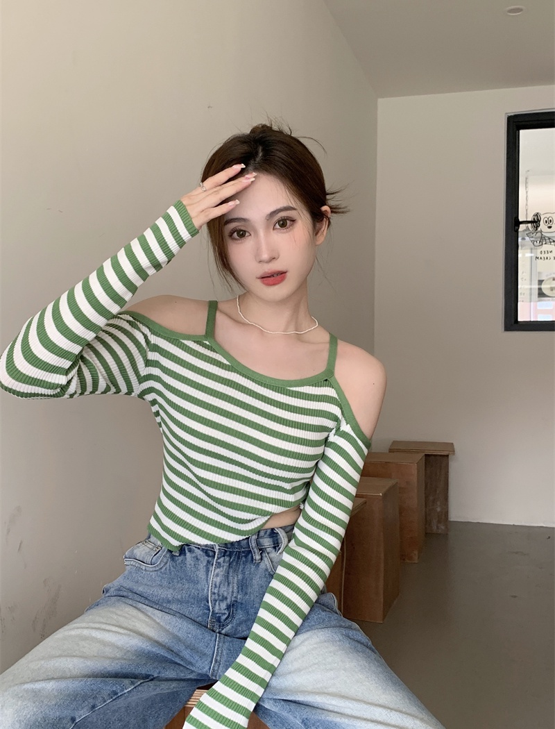 All-match spicegirl knitted bottoming stripe tops