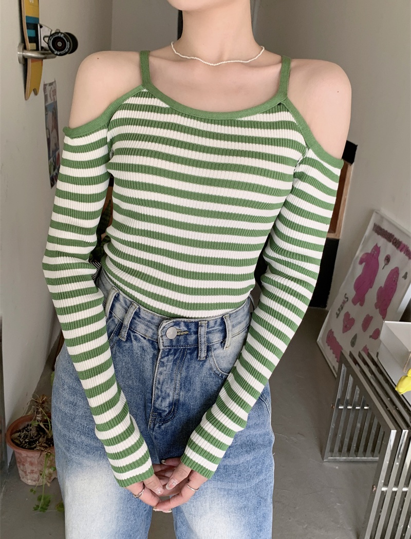 All-match spicegirl knitted bottoming stripe tops