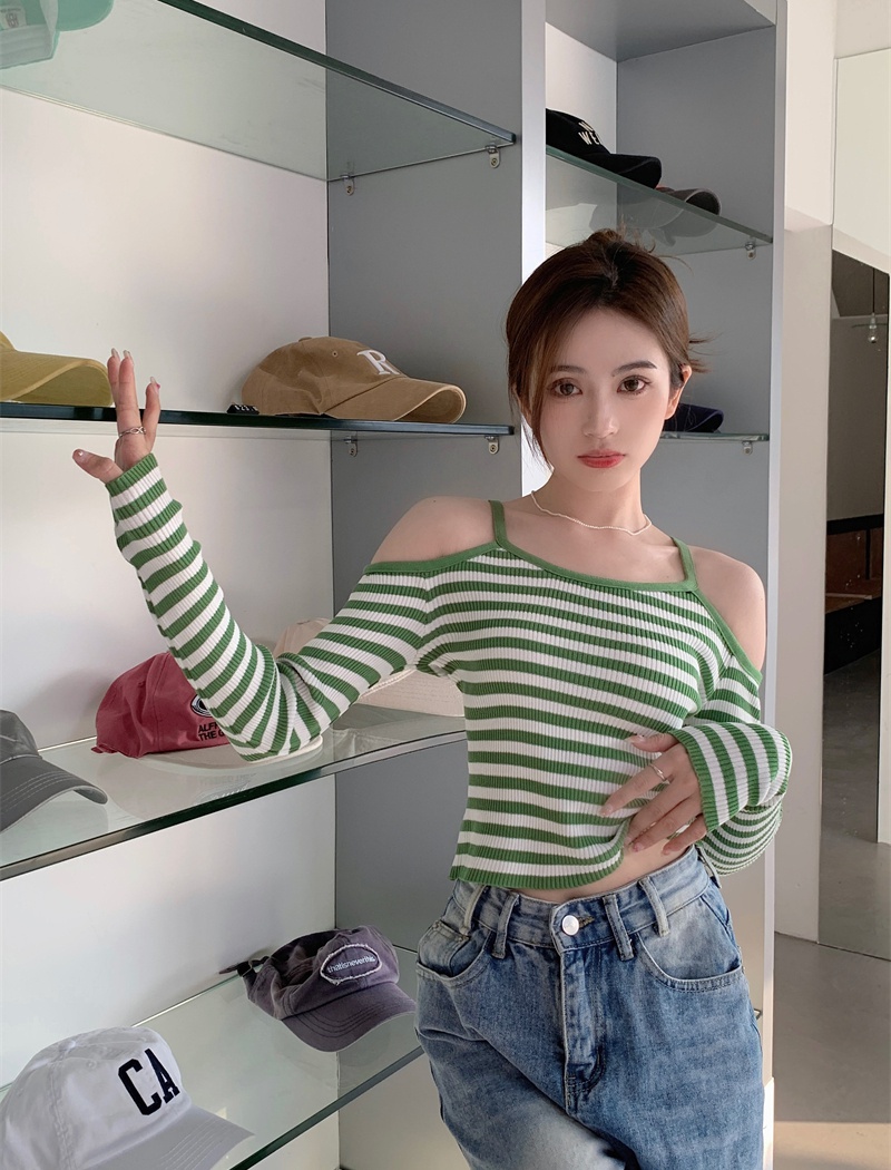 All-match spicegirl knitted bottoming stripe tops