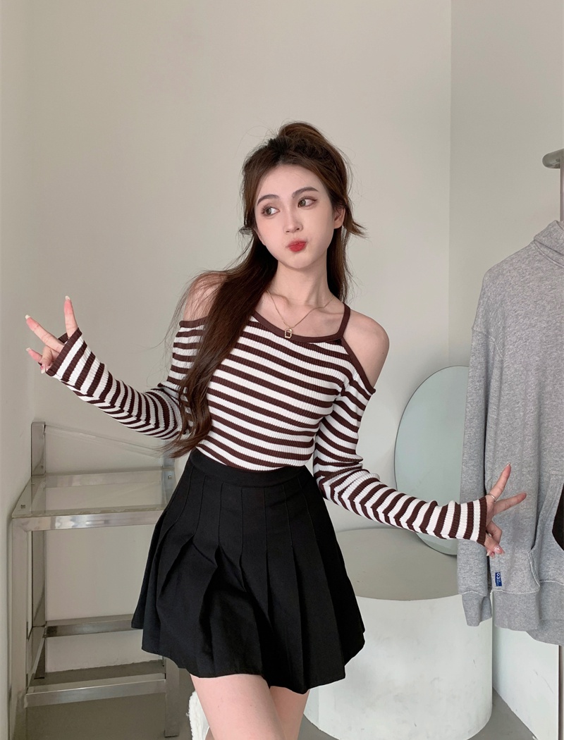 All-match spicegirl knitted bottoming stripe tops