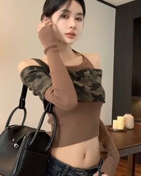 Autumn flat shoulder tops strapless Pseudo-two sweater