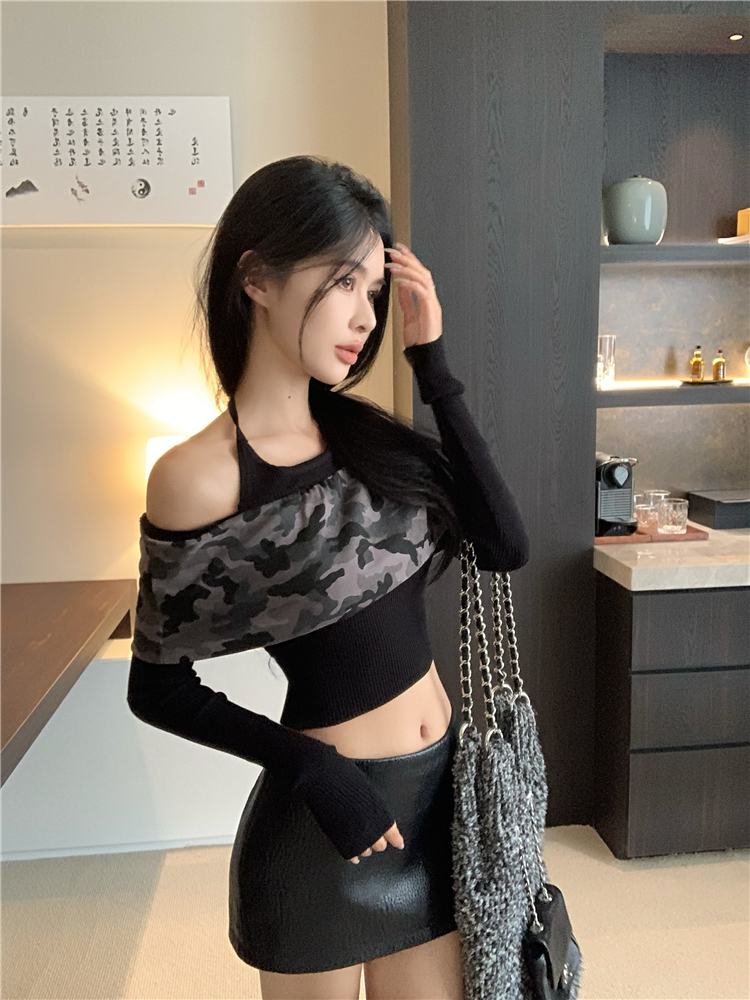 Autumn flat shoulder tops strapless Pseudo-two sweater