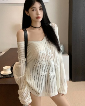 Thin V-neck sweater hollow long sleeve smock for women