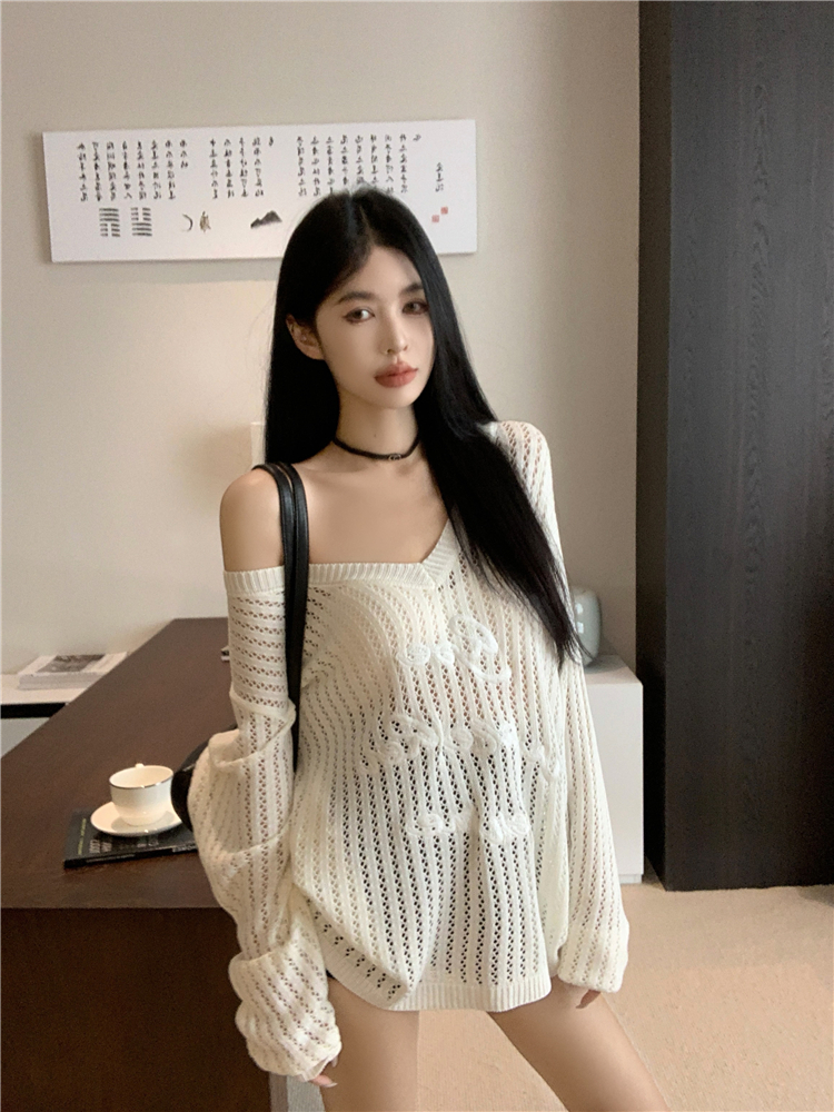 Thin V-neck sweater hollow long sleeve smock for women