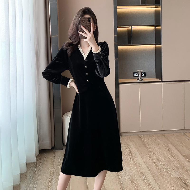 Hepburn style black dress France style long dress