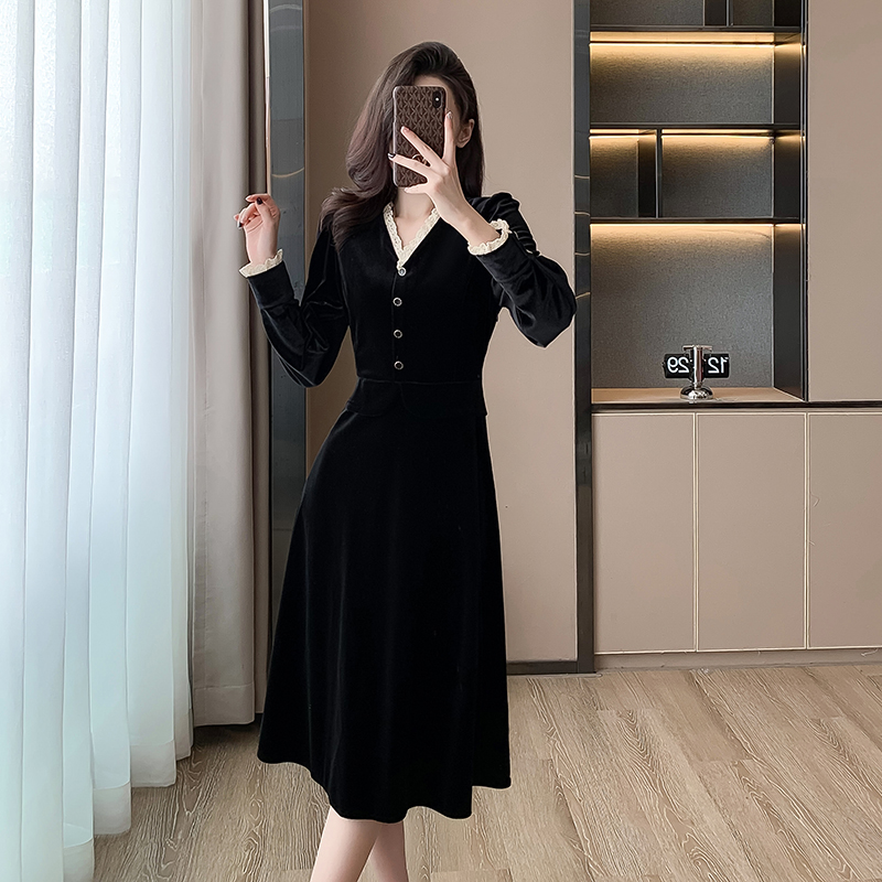 Hepburn style black dress France style long dress