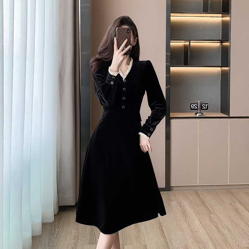 Hepburn style black dress France style long dress