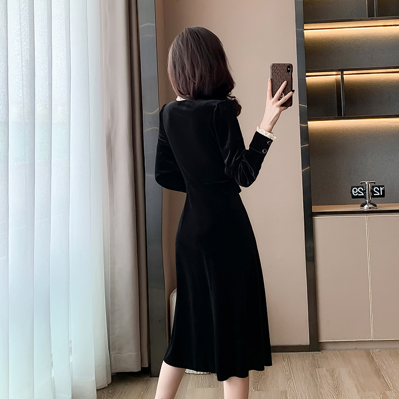 Hepburn style black dress France style long dress