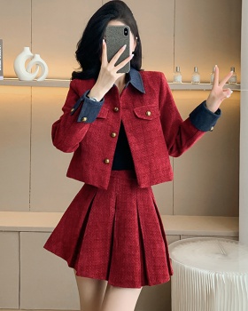 Western style splice coat denim pleated skirt 2pcs set