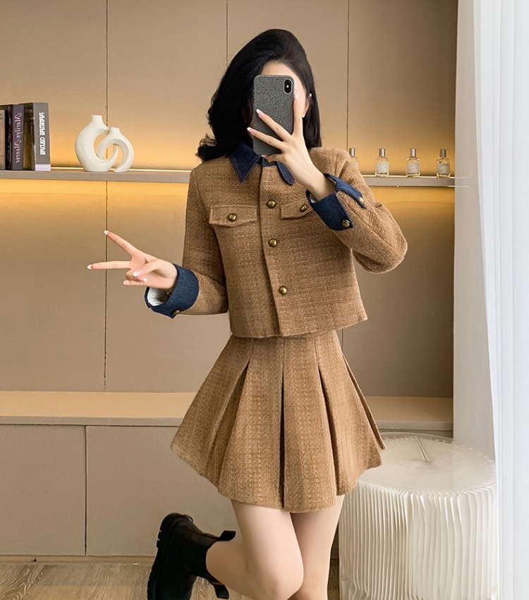 Western style splice coat denim pleated skirt 2pcs set