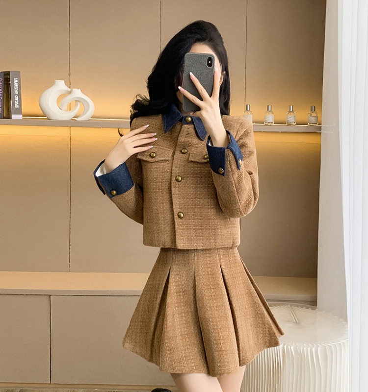 Western style splice coat denim pleated skirt 2pcs set