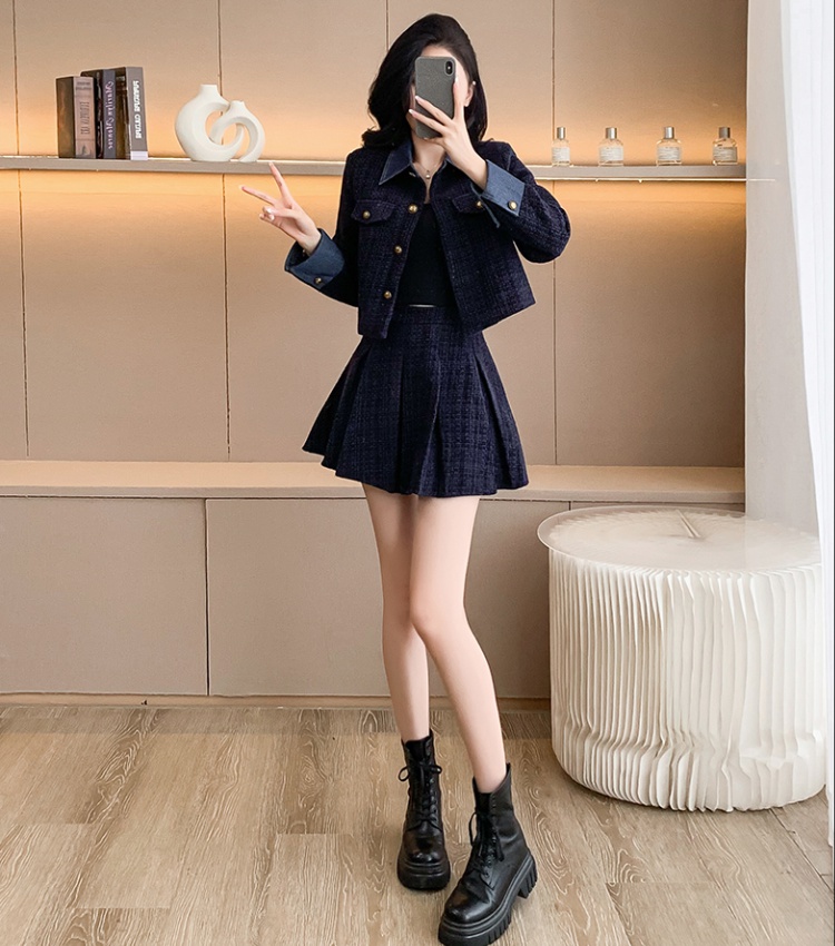 Western style splice coat denim pleated skirt 2pcs set