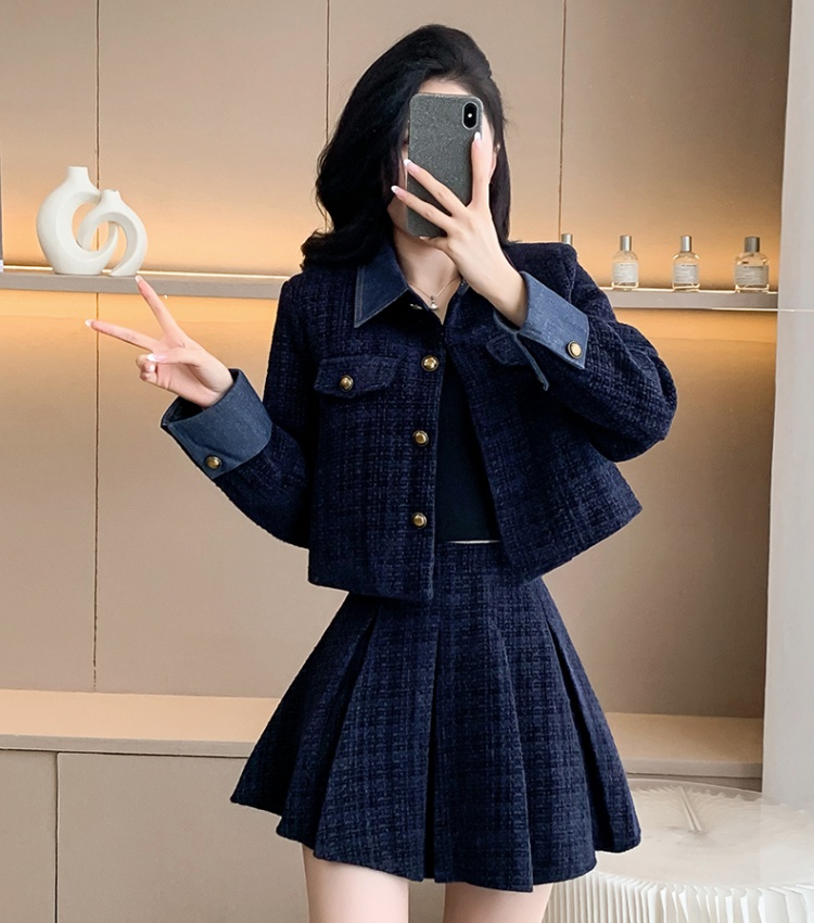 Western style splice coat denim pleated skirt 2pcs set