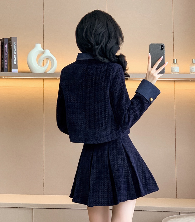 Western style splice coat denim pleated skirt 2pcs set