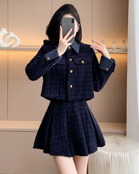 Chanelstyle denim coat pleated thick skirt 2pcs set