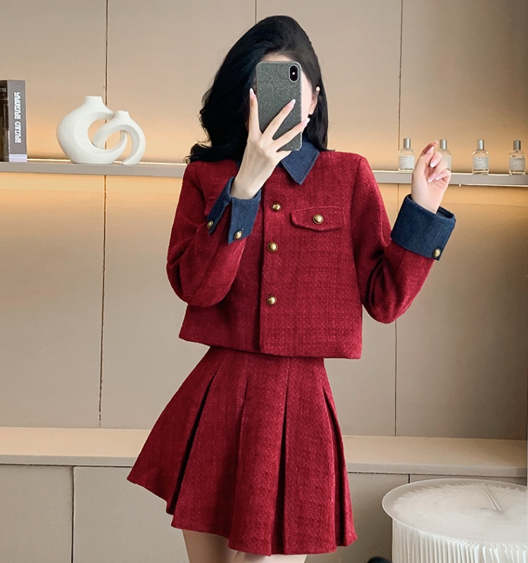 Chanelstyle denim coat pleated thick skirt 2pcs set