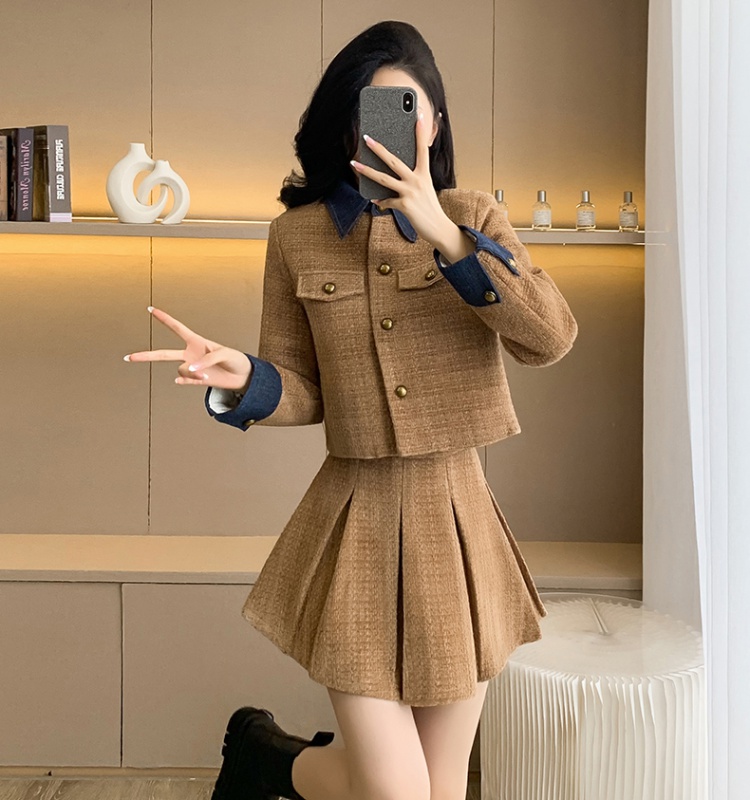 Chanelstyle denim coat pleated thick skirt 2pcs set