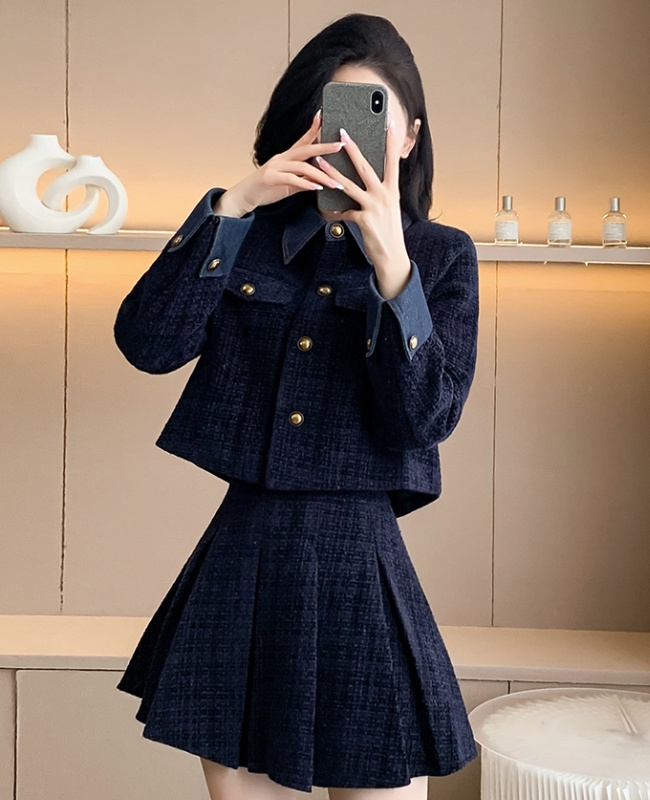 Chanelstyle denim coat pleated thick skirt 2pcs set