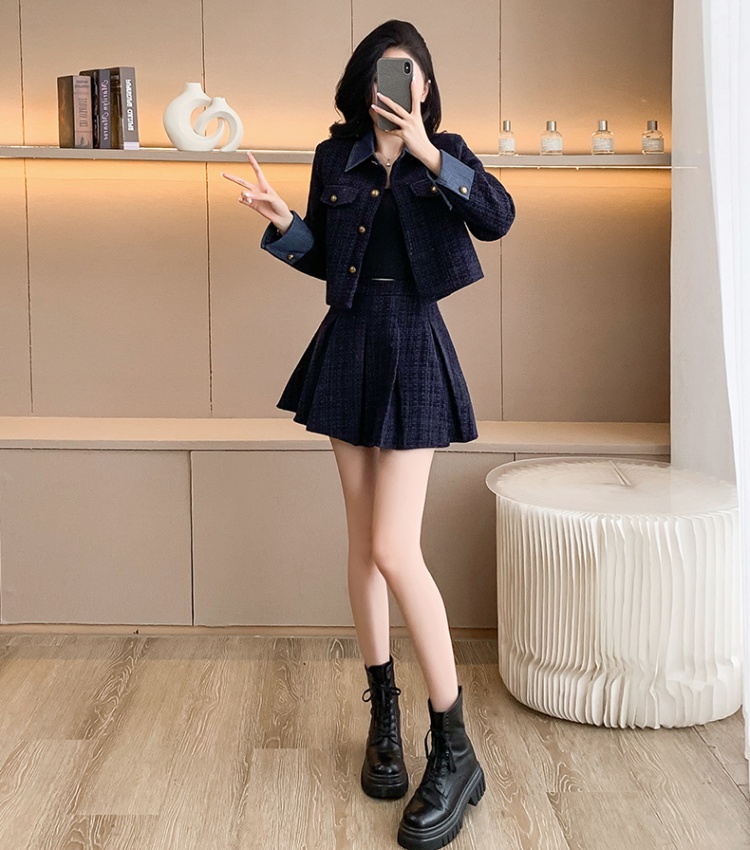 Chanelstyle denim coat pleated thick skirt 2pcs set