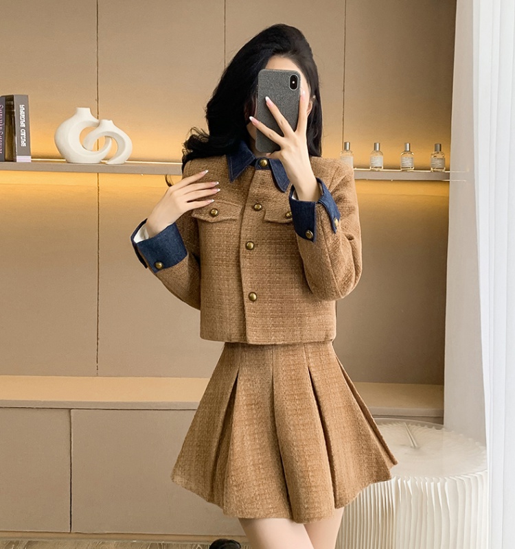 Chanelstyle denim coat pleated thick skirt 2pcs set