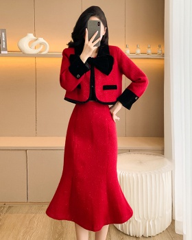 Wedding plus cotton red skirt winter chanelstyle coat 2pcs set