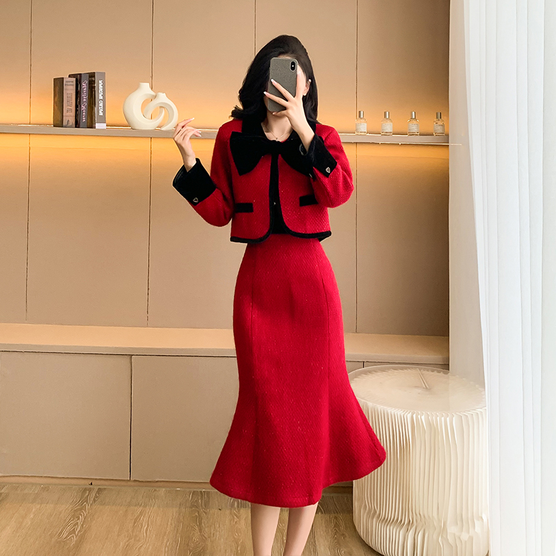 Wedding plus cotton red skirt winter chanelstyle coat 2pcs set