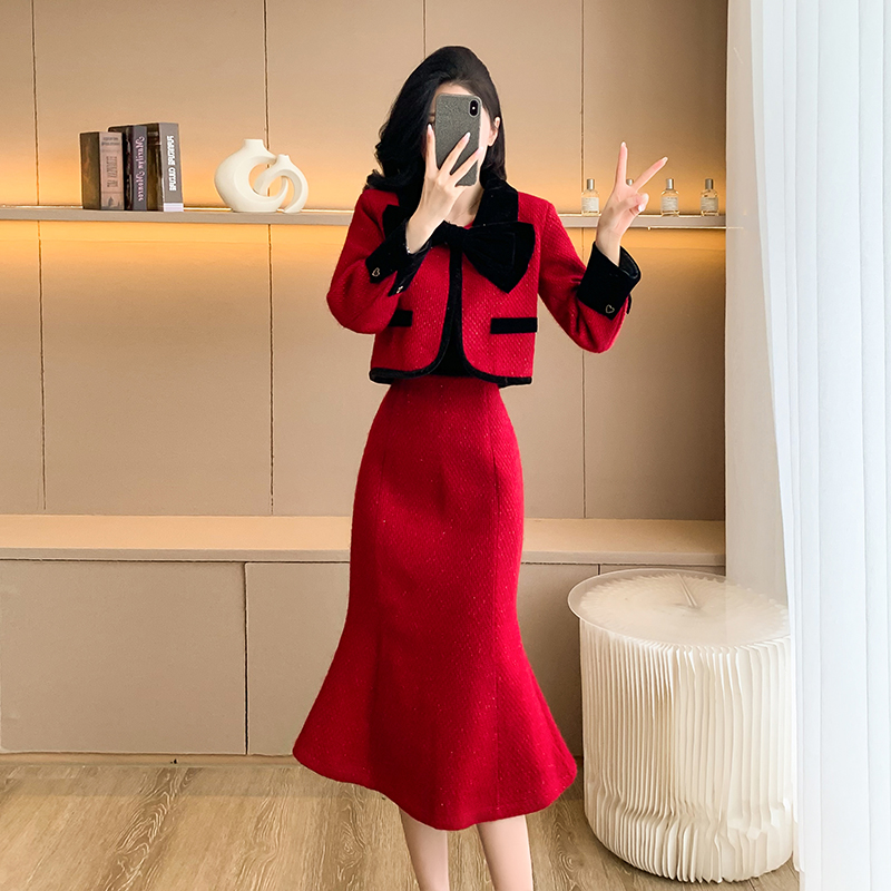 Wedding plus cotton red skirt winter chanelstyle coat 2pcs set