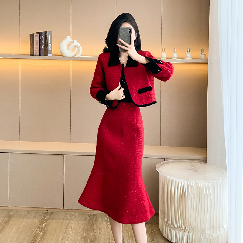 Wedding plus cotton red skirt winter chanelstyle coat 2pcs set