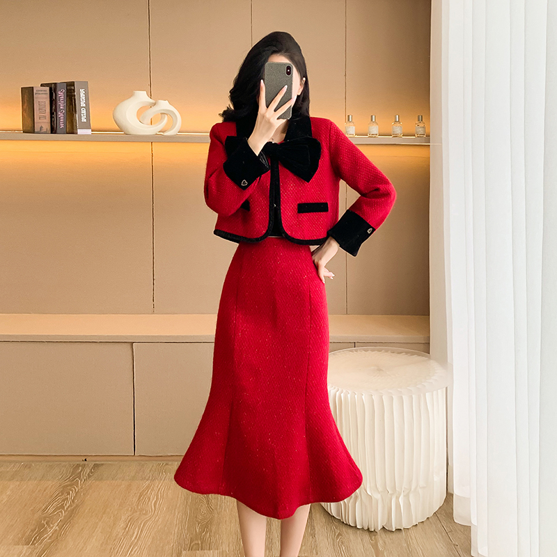 Wedding plus cotton red skirt winter chanelstyle coat 2pcs set