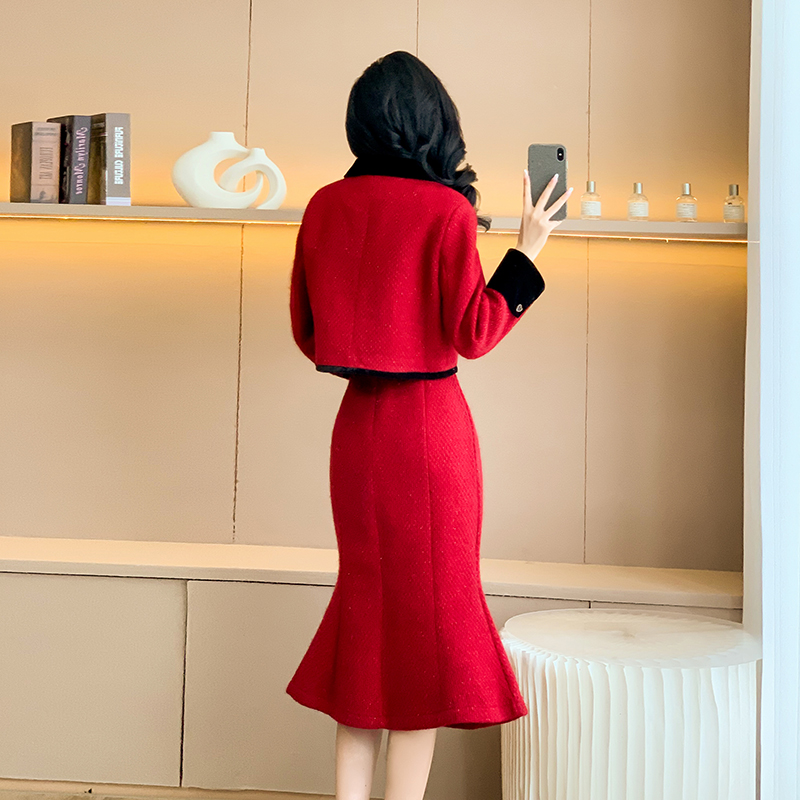 Wedding plus cotton red skirt winter chanelstyle coat 2pcs set