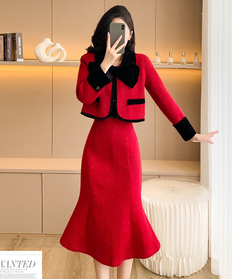 Wedding plus cotton red skirt winter chanelstyle coat 2pcs set