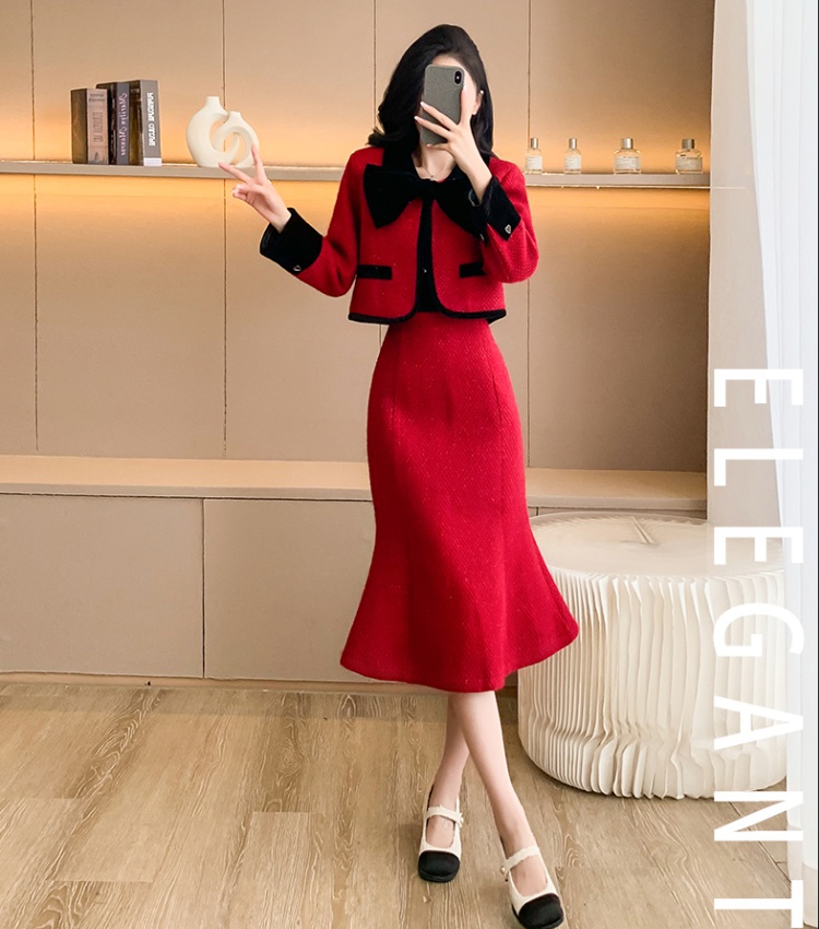 Wedding plus cotton red skirt winter chanelstyle coat 2pcs set