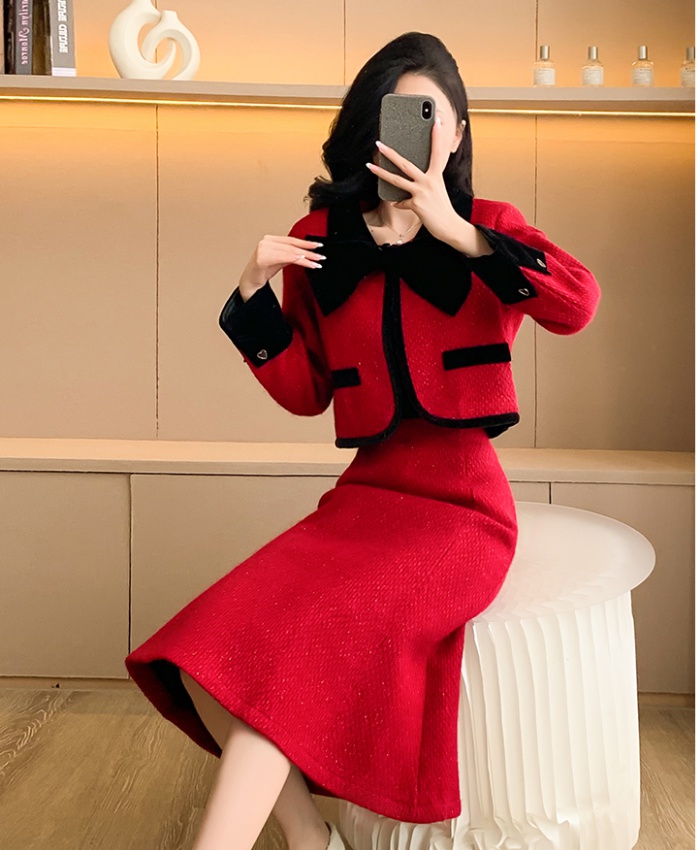 Wedding plus cotton red skirt winter chanelstyle coat 2pcs set