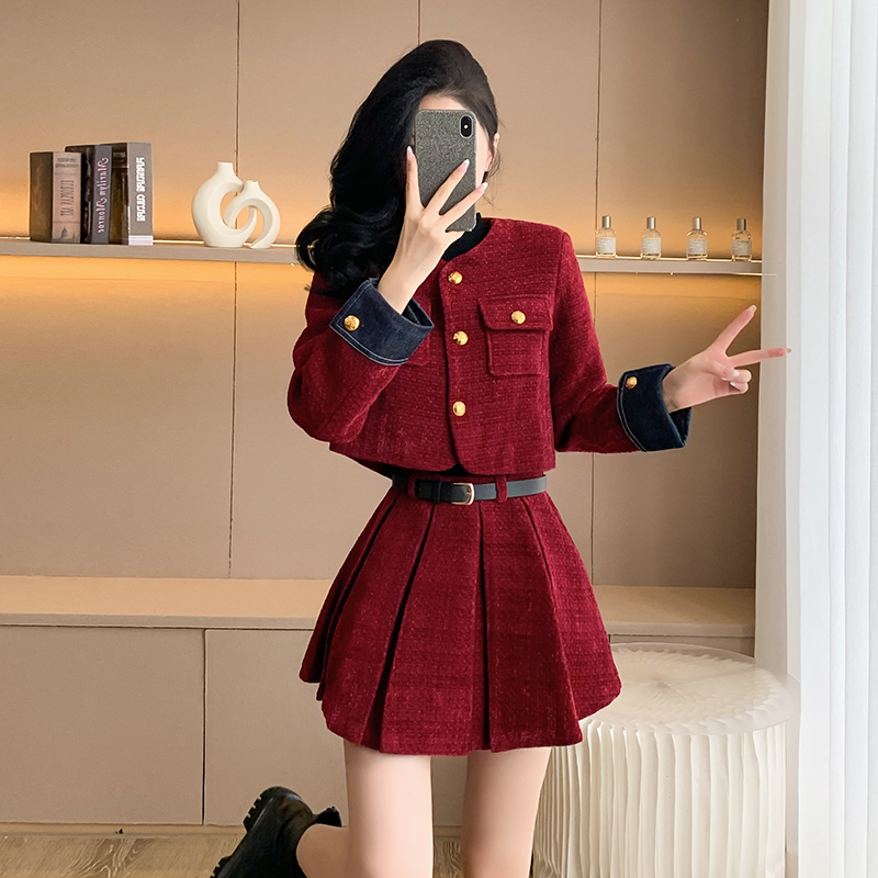 Autumn chanelstyle skirt short retro coat 2pcs set