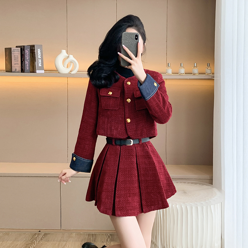 Autumn chanelstyle skirt short retro coat 2pcs set