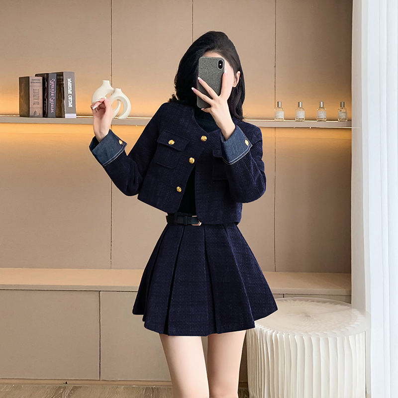 Autumn chanelstyle skirt short retro coat 2pcs set