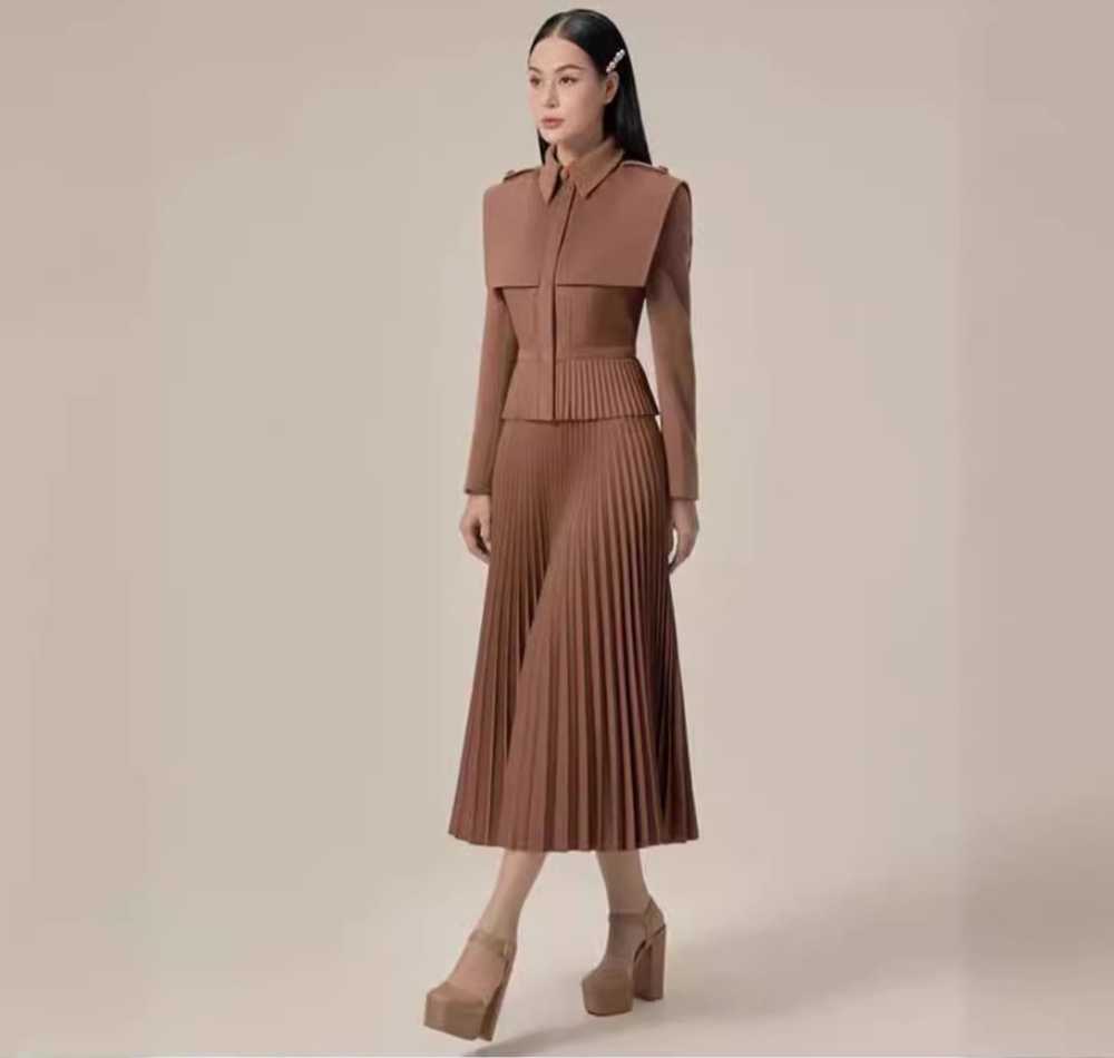 Khaki noble pleated skirt 2pcs set