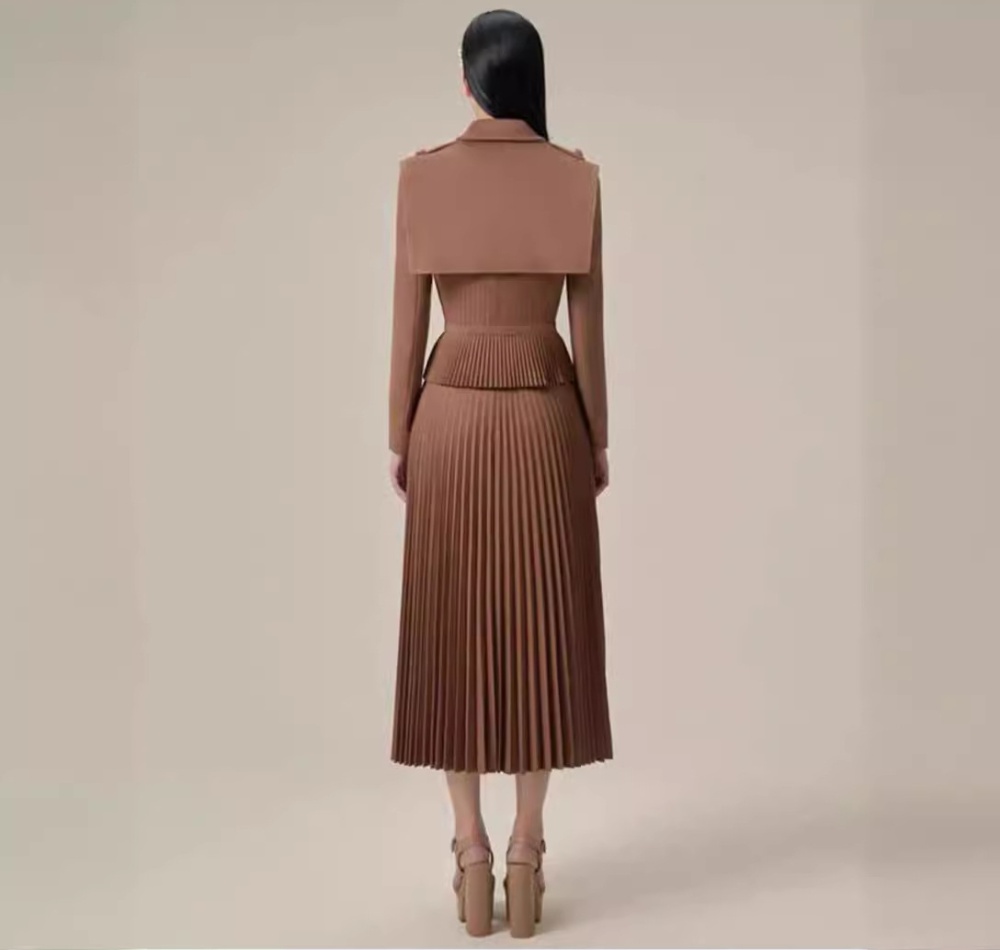 Khaki noble pleated skirt 2pcs set