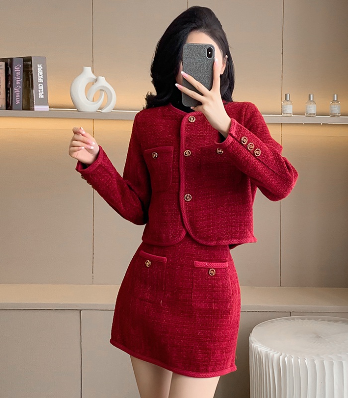 Short round neck tops autumn short skirt a set for women