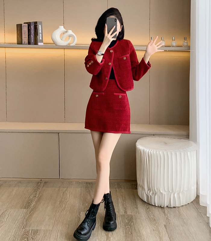 Short round neck tops autumn short skirt a set for women