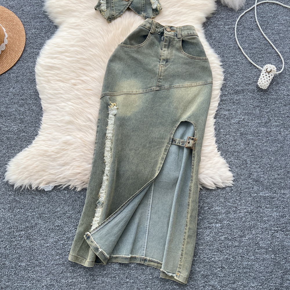 Denim halter tops burr lapel skirt 2pcs set