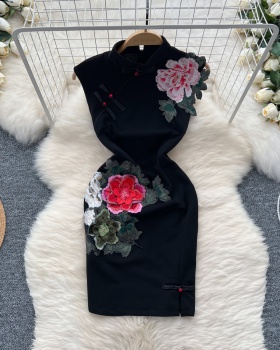 Flowers pinched waist dress Chinese style cardigan