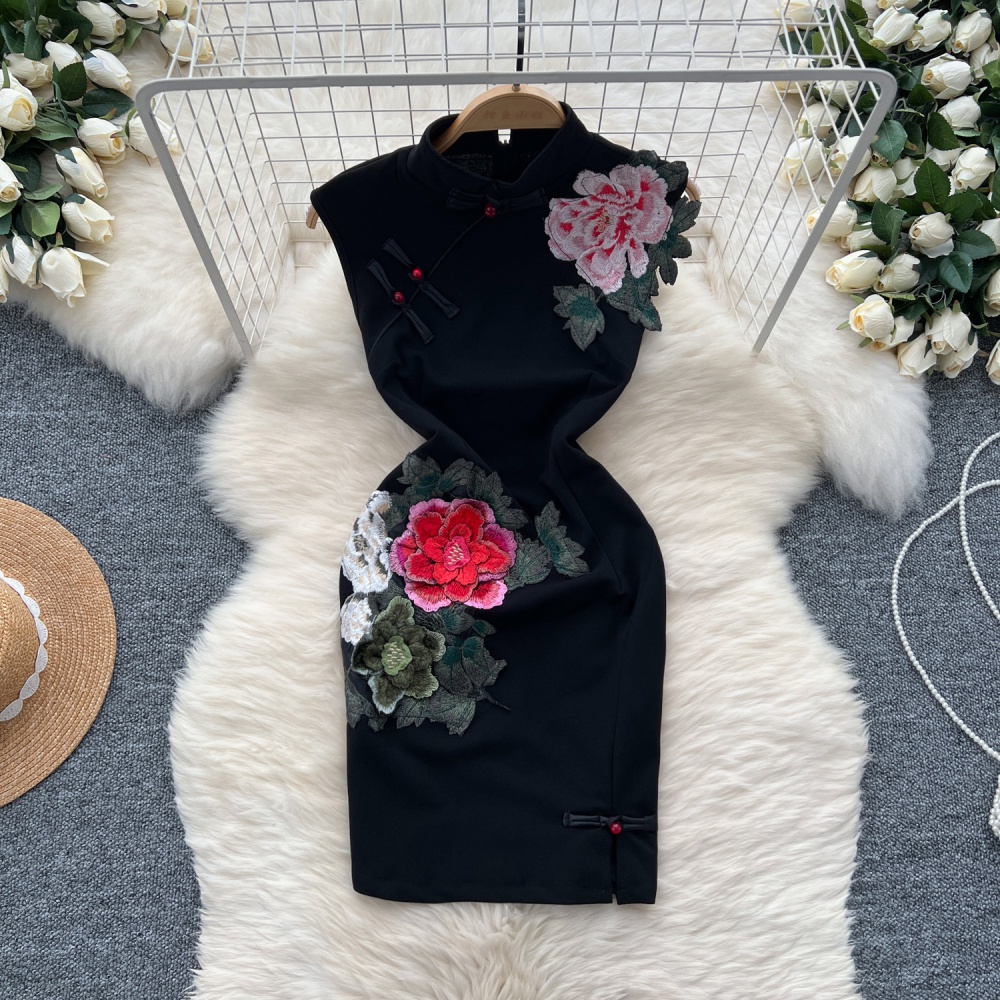 Flowers pinched waist dress Chinese style cardigan