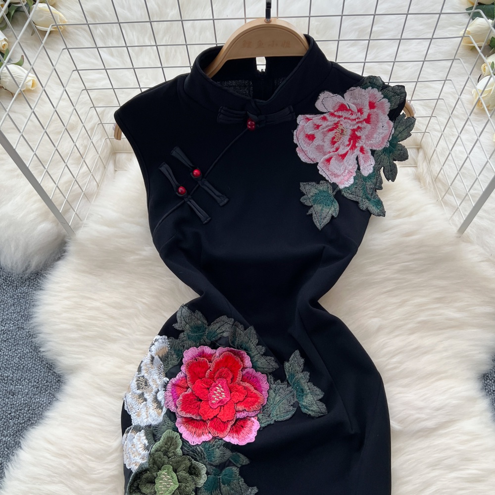 Flowers pinched waist dress Chinese style cardigan